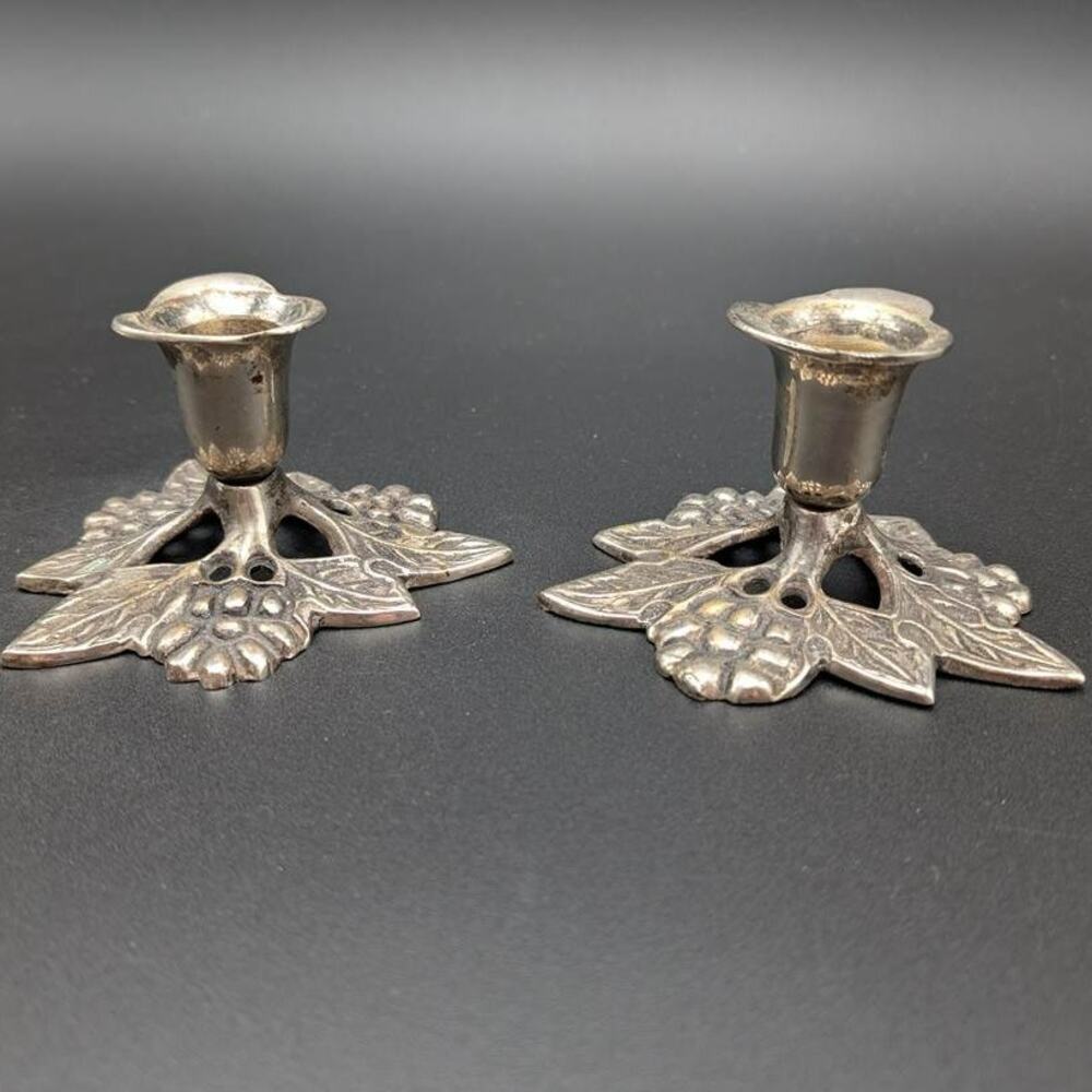 Vintage Silver Toned Candle Holders Ornate Grapes Cast Metal Made in India Boho